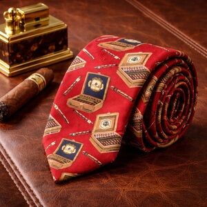 Embassy Row Men’s Cigar Tobacco Smoking Novelty Print Silk Tie Burgundy Red